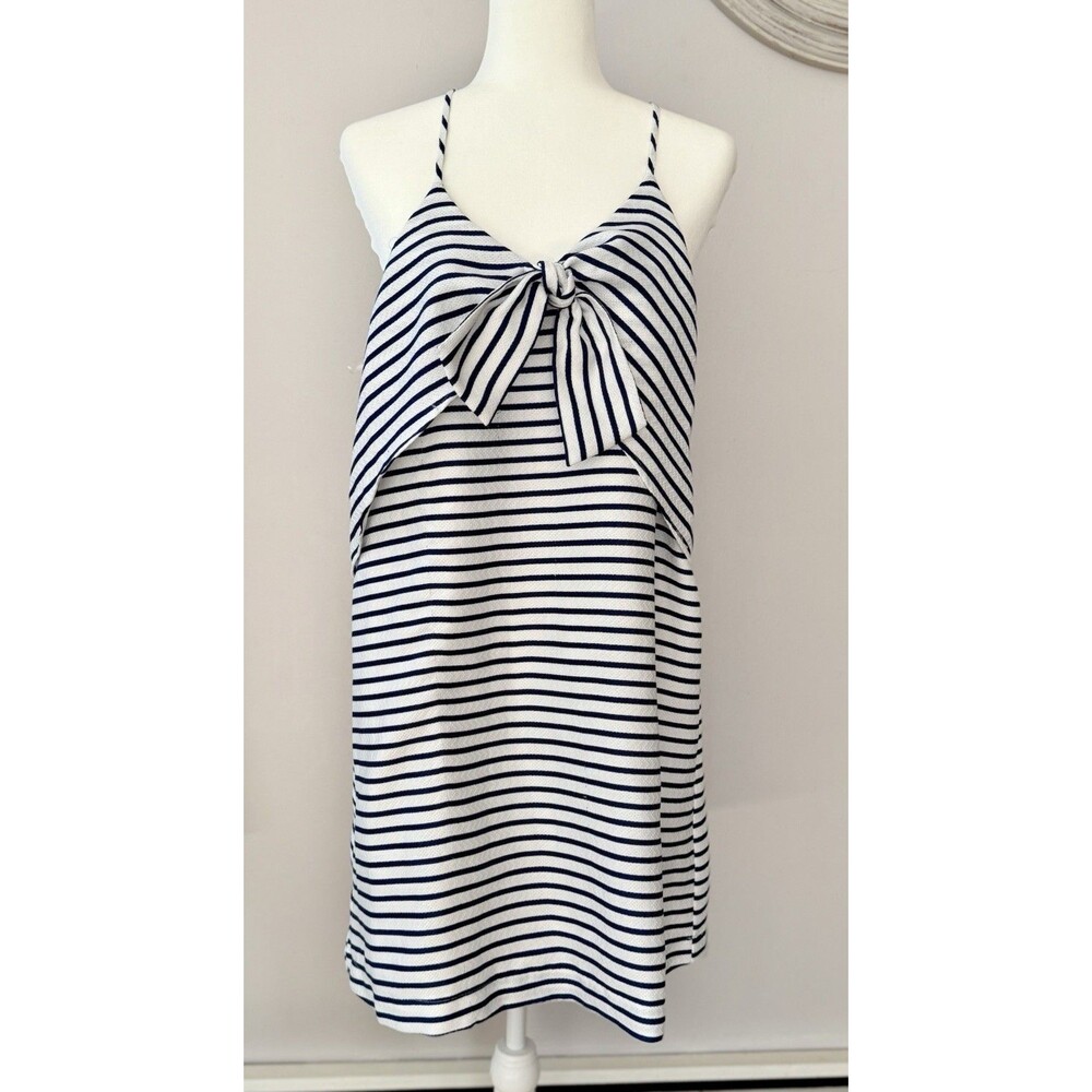 Maeve Anthropologie Ahoy Swing Dress Bowtie front navy and white nautical